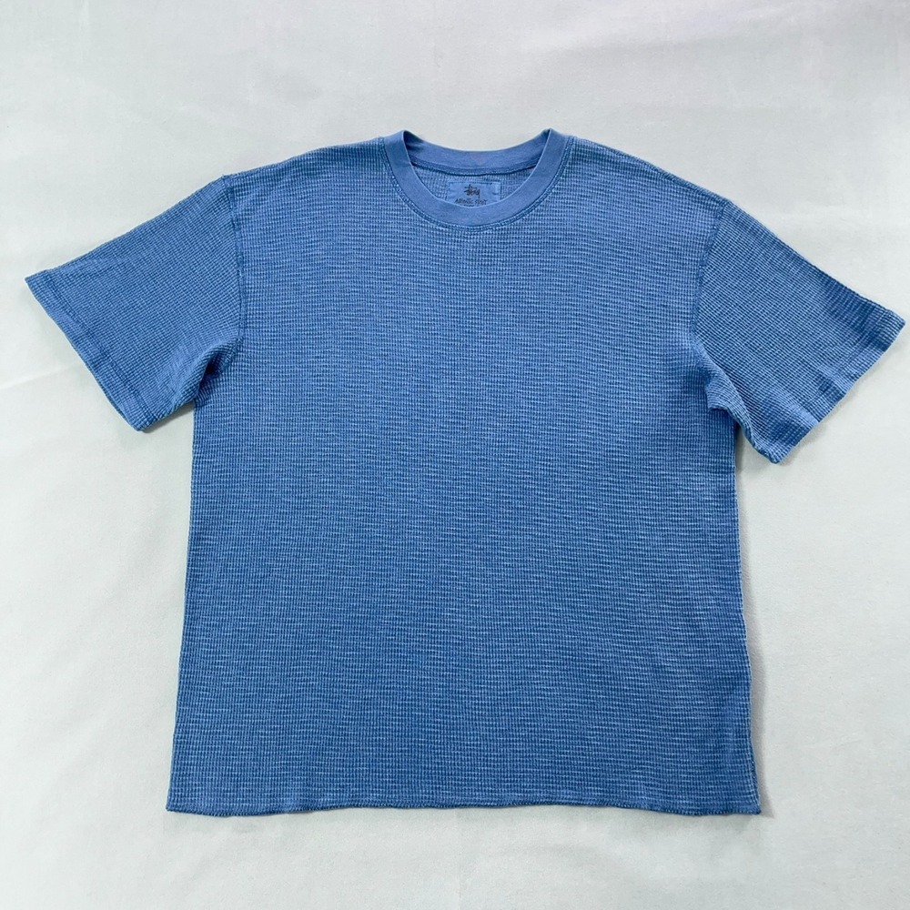 Stussy Short Sleeve Thermal Shirt Men Large Blue Waffle Knit Tee Pigment Dyed